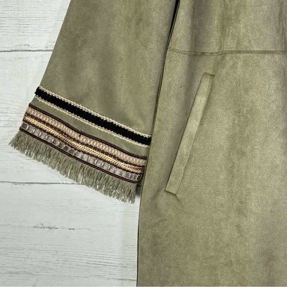 NWT ZARA Olive Green Faux Suede Long Jacket Embroidered Fringe Western Boho - Picture 2 of 6